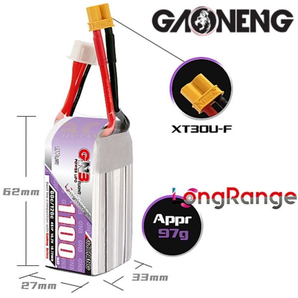 26ae323f0285ed48983429ba26bb9b95.jpeg Gaoneng GNB 15.2HV 1100mAh 60C 4S Lipo Battery with XT30 Plug GNB1100/60-4S