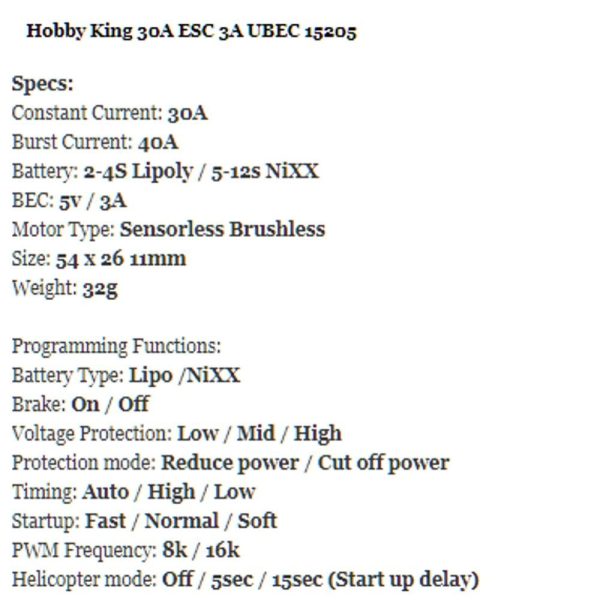 Hobby King 30A ESC 3A UBEC 15205