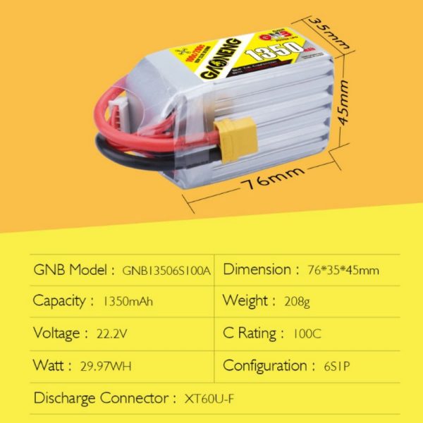 acdb5349625cfec5e412b21a8e50e15c1578033722.jpg Gaoneng GNB 22.2v 1350mah 100c 6s Lipo Battery with XT60 Plug (2020 series) GNB1350/100-6S