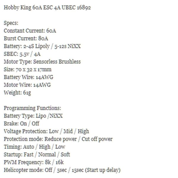 Hobby King 60A ESC 4A UBEC 16892