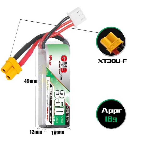 Gaoneng GNB 7.6HV 350mAh 70C 2S Lipo Battery with XT30/PH2.0 Plug (Optional) GNB350/70-2SXH
