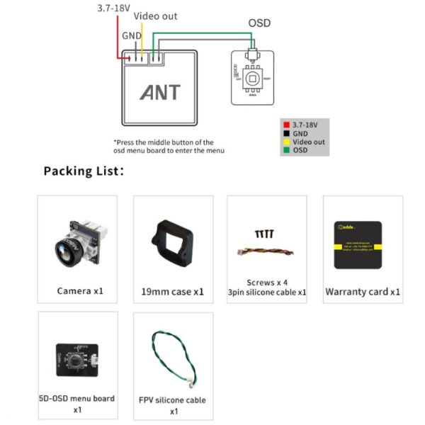 Caddx Ant 1.8mm 1200TVL 4:3 Global WDR with OSD 2g Ultra Light Nano FPV Camera Silver WN-ANT43