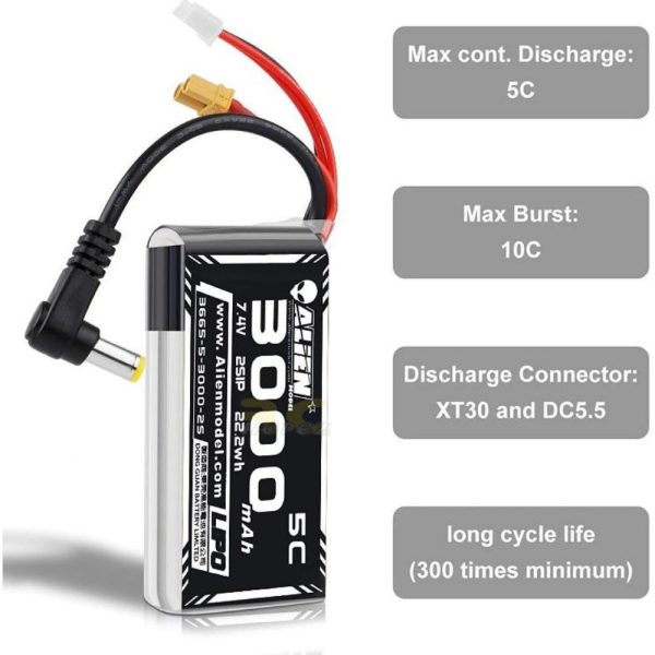 4aa308f837d52ad900950b85bfc4b6ff.jpeg Alienmodel 2S 7.4V 3000mAh 5C Lipo Battery DC5.5 & XT30/XT60 Plug (Optional) For Goggles FatShark / DJI / Skyzone AL3000/5-2S