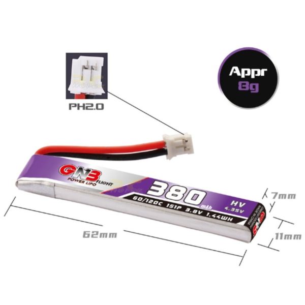 Gaoneng GNB 3.8HV 380mAh 60C 1S Lipo Battery with PH2.0 Plug GNB380/60-1S