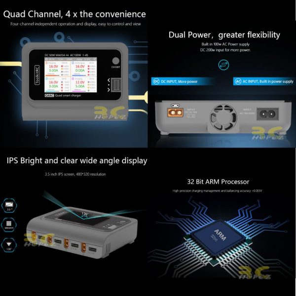 02137c7a65371b5006ce1e64bbd47fec.jpeg ToolkitRC Q4AC 4x50W 5A AC 100W 4 Ports DC Smart Charger Discharger XT60 for 1-4S Lipo Battery EU Plug TK-Q4AC