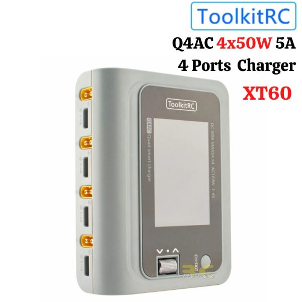 ToolkitRC Q4AC 4x50W 5A AC 100W 4 Ports DC Smart Charger Discharger XT60 for 1-4S Lipo Battery EU Plug TK-Q4AC