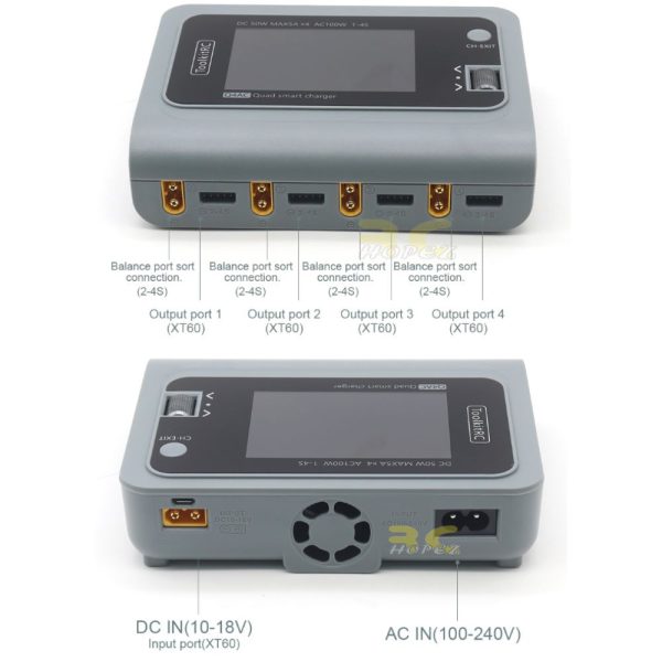 c092c030a315d44ae3a4c281e6abb522.jpeg ToolkitRC Q4AC 4x50W 5A AC 100W 4 Ports DC Smart Charger Discharger XT60 for 1-4S Lipo Battery EU Plug TK-Q4AC