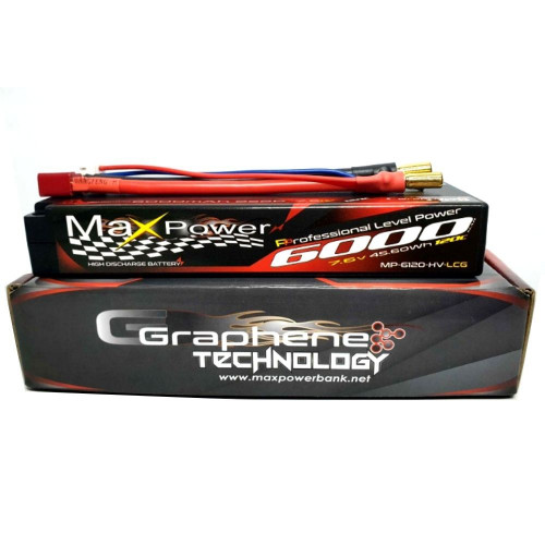 55bd2403f5ff31a15e1dfe72a759a663.jpeg Maxpower Graphene LiHV Lipo 6000mAh 2S 7.6V 120C with 5.0mm bullet to Deans plug (Hard Case) MP6120-2GH