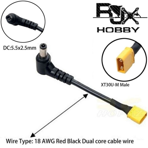 RJXHOBBY XT30 Male Plug to DC 5.5mm x 2.5mm Male Adapter Cable Length 4cm forÂ Lipo Battery & FPV Goggles RJX2373