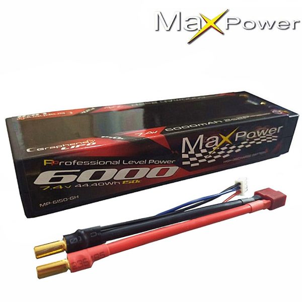 Maxpower Graphene Lipo 6000mAh 2S 7.4V 150C with 5.0mm bullet to Deans plug (Hard Case) MP6150-2GH