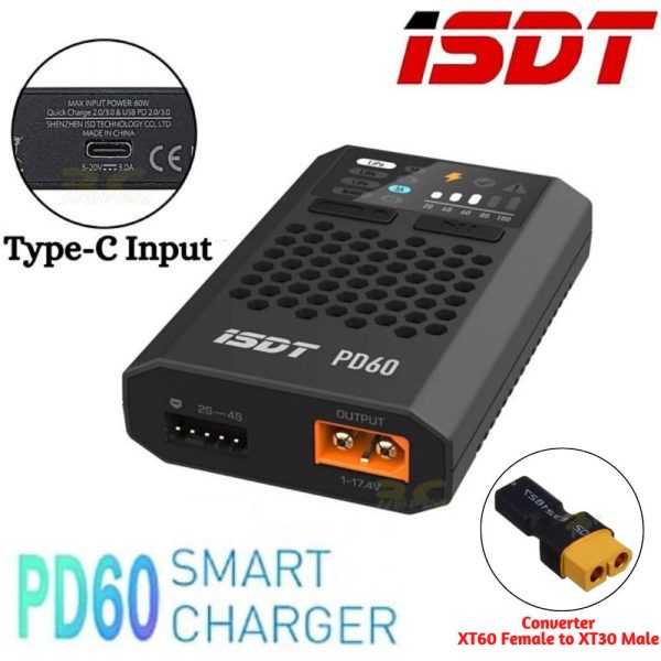 ISDT PD60 60W 6A Battery Balance Charger XT60 Type-C Input For 2-4S Lipo Battery (Optional) ISDT-PD60N
