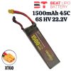 BEAT 22.2V 1500mAh 45C 6S LiPo Battery With XT60 Plug for Goblin 380/GAUI X3/Align 450L RC Helicopter BT1500/45-6S