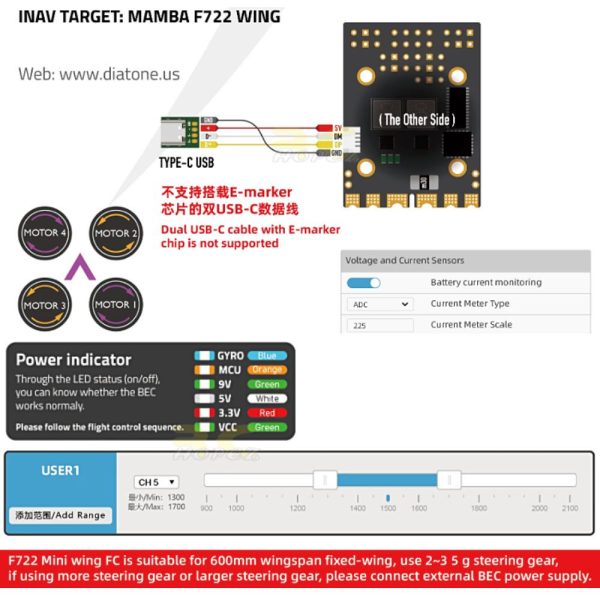 Diatone MAMBA (20×20) MK4 F722 MINI WING 3-6S Flight Control Suitable For 600mm Wingspan Fixed-Wing M-60970