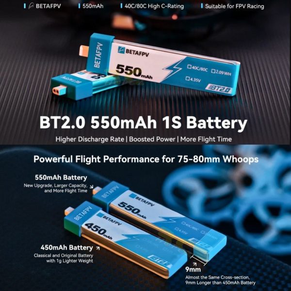 BETAFPV BT2.0 550mAh 1S 40C Battery with BT2.0 Connector BT550/40-1S