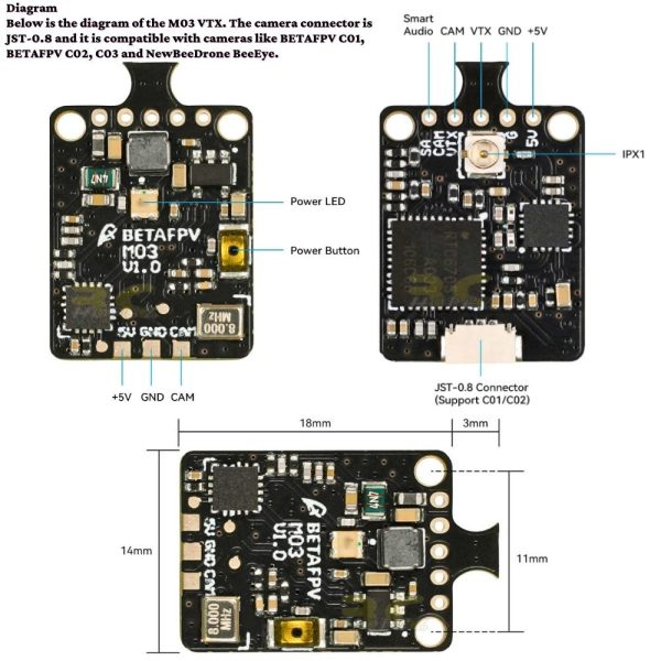 Betafpv M03 5.8G 25mW-350mW Switchable VTX For FPV Racing Drone Compatible With BETAFPV C01/C02/C03 Camera BT-M03