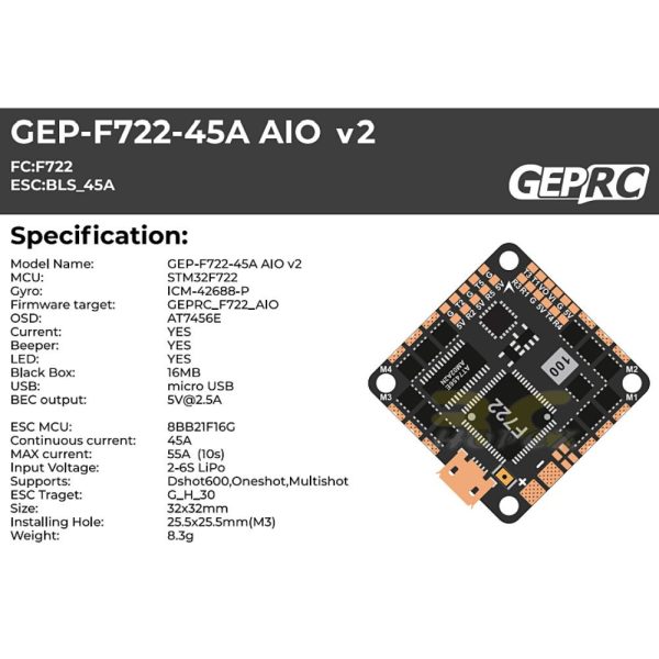 GEPRC GEP F722-45A F7 AIO V2 45A BL_S 2-6S 4in1 Brushless ESC (25.5×25.5) for Cinelog35 FPV Racing Drone GEP-F722-45