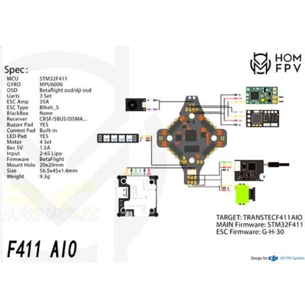 HOMFPV F411 35A 2-6S (20x20) Blheli_S AIO Flight Controller HOM-F411AIO