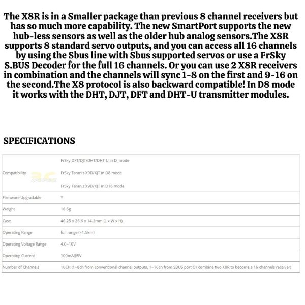 53d27e99fa0ee39479fe68969df1ace1.jpeg Frsky X8R 8/16Ch S.BUS ACCST 2.4GHZ Telemetry Receiver W/Smart Port GZ-X8R