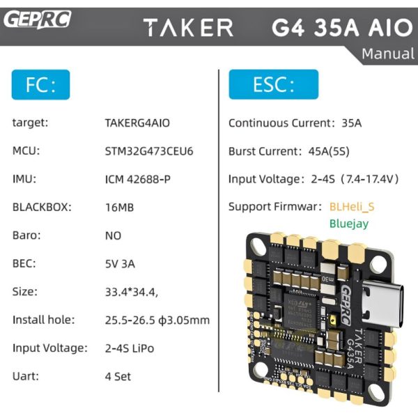 GEPRC TAKER G4 35A AIO 2-4S G4 FC 35A 4in1 ESC 25.5-26.5mm for Cinelog25 V2 FPV Racing Drone GEP-G4-35