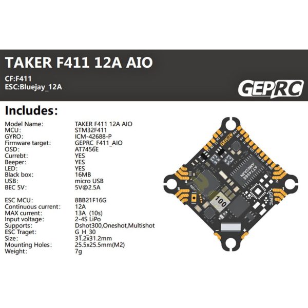 3d8608173c417b4e10716ff0280df691.jpeg GEPRC TAKER F411 8Bit 12A AIO 2-4S F4 FC 12A 4in1 ESC 25.5×25.5mm for TinyGO Racing FPV Whoop(Build-in ELRS) GEP-F411-12