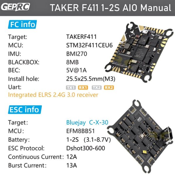 46e7ee6867f414d652df81df9279c6f1.jpeg GEPRC TAKER F411-12A-E AIO 1-2S F411 FC 12A 4in1 ESC (25.5×25.5mm) for Darkstar20 FPV Racing Drone GEP-F411-12E