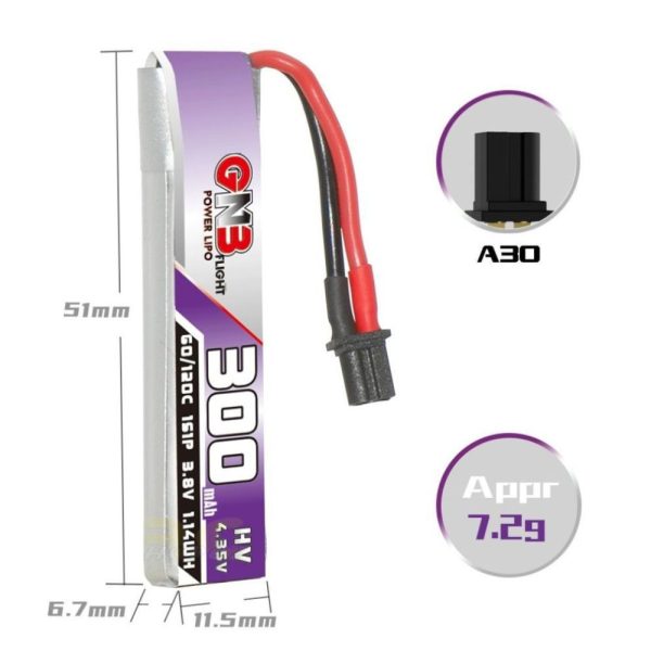 403781294befcf755a44337b0b90f9cc.jpeg Gaoneng GNB 3.8HV 300mAh 60C 1S Lipo Battery with A30 Connector (compatible with BT2.0 connector) GNB300/60-1SA