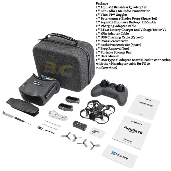 BetaFPV Aquila16 1S FPV Kit Brushless Version with LiteRadio 2 SE TX+VR03 Goggles+2Pcs 1100Mah Battery RTF BT-Aquila16