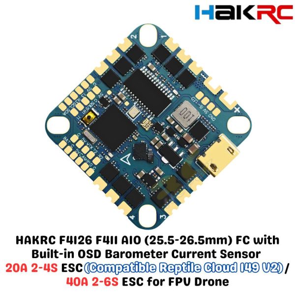 HAKRC F4126 F411 AIO 25.5-26.5mm OSD Barometer Current Sensor 20A 2-4S  for Reptile Cloud 149 V2/40A 2-6S for FPV Drone