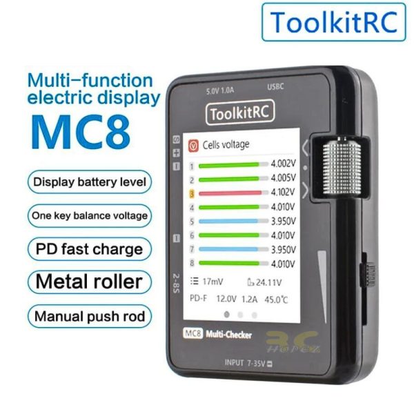 ToolkitRC MC8 Mini Size Cell checker 32 Bit Battery Multi-Checker PWM Output PPM SBUS Readout USB-C Fast Charging TK-MC8