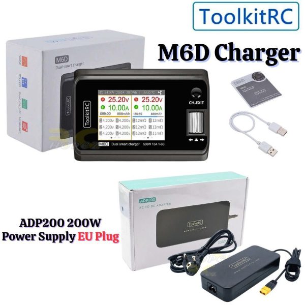 ToolkitRC M6D 500W 15A 1-6S DC Smart Charger Discharger + ADP200 Power Supply Adapter for LiHV LiFe Lion NiMh TK-M6D