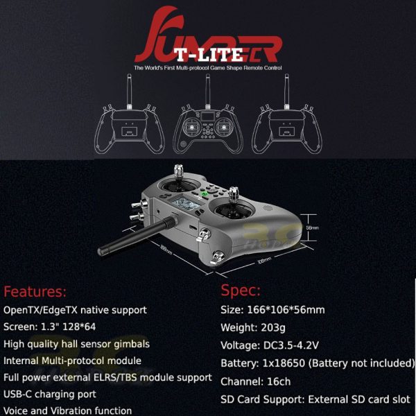 Jumper T-Lite V2 16CH Hall Sensor Gimbals ELRS/JP4IN1 Multi-Protocol RF System EdgeTX (Mode 2 Left) T-Lite-V2N