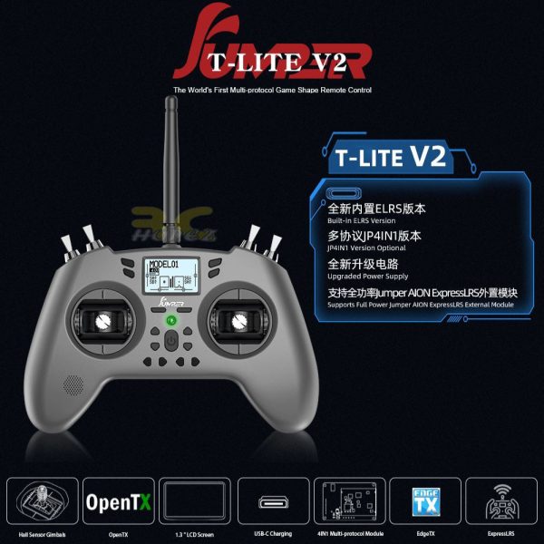 Jumper T-Lite V2 16CH Hall Sensor Gimbals ELRS/JP4IN1 Multi-Protocol RF System EdgeTX (Mode 2 Left) T-Lite-V2N