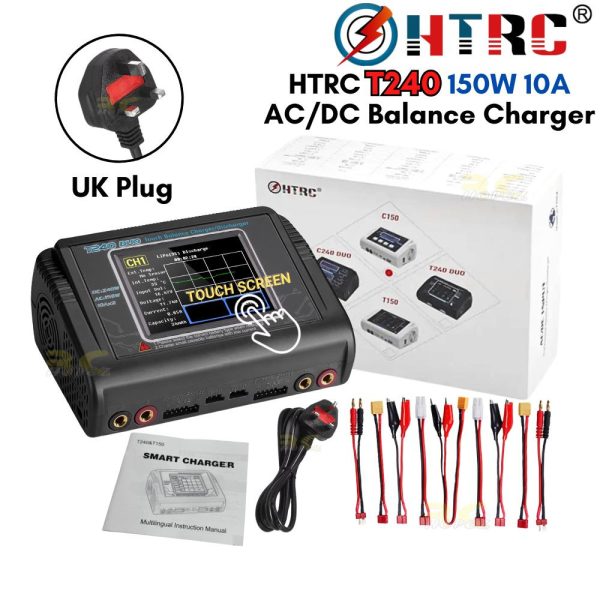 HTRC T240 150W 10A AC/DC 2-6S Touch Screen Dual Channel Balance Charger Discharger for Lipo LiHV LiFe Lion NiMh HT-T240