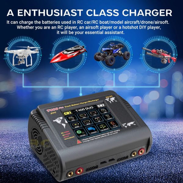 HTRC T400 150W 11A AC/DC 2-6S Touch Screen Dual Channel Balance Charger Discharger for Lipo LiHV LiFe Lion NiMh HT-T400