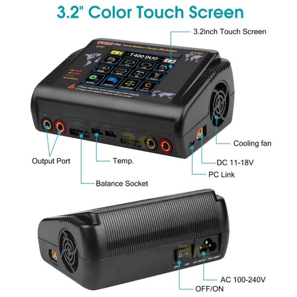 HTRC T400 150W 11A AC/DC 2-6S Touch Screen Dual Channel Balance Charger Discharger for Lipo LiHV LiFe Lion NiMh HT-T400