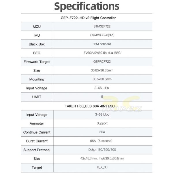 8f179b504112b96b3eb92f71c0fb72ff.jpeg GEPRC TAKER F722 BLS 60A V2 STACK 4IN1 ESC Flight Controller 30.5×30.5mm for Vapor-D5 X5 Analog HD FPV Drone GEP-F722-60