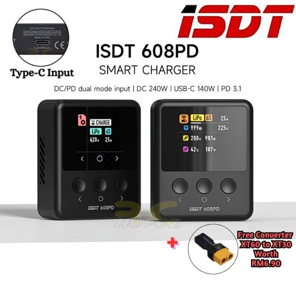 ISDT 608PD 240W 10A Smart Digital Lipo Charger XT60 USB Type C Input  For 1-6S Battery + Free XT60 to XT30 ISDT-608PDN