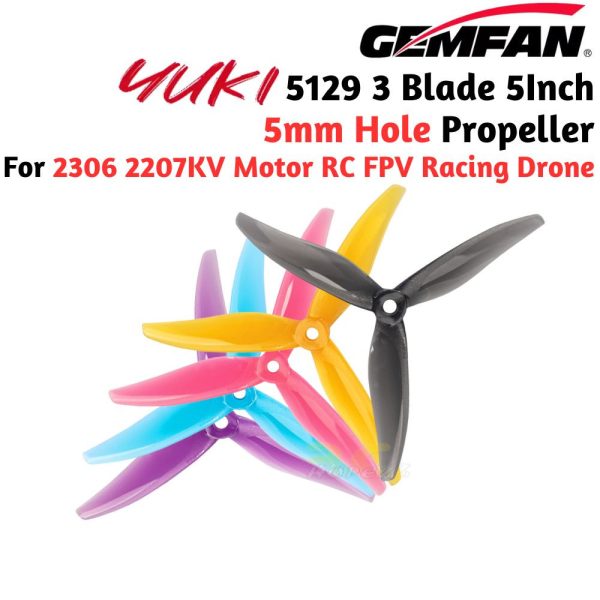 Gemfan YUKI 5129 3-Blade 5Inch 5mm Hole Propeller for 2306 2207KV Motor RC FPV Racing Drone (2 Pairs/4Pcs) Gem5129-3