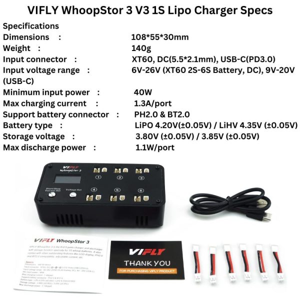 Charger 1S 40W BT2.0 PH2.0 A30 VIFLY WhoopStor V3 6 Ports LiPo LIHV Charger Discharger Storage for Tinywhoop HX-Vifly V3