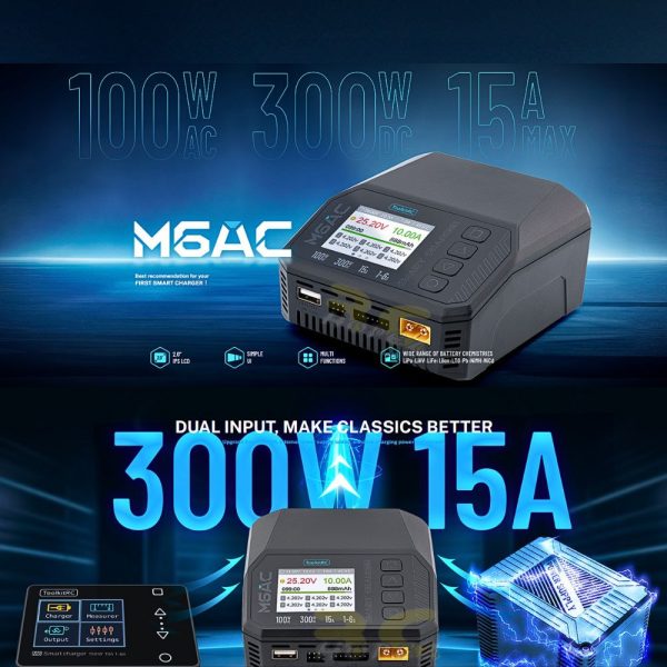 ToolkitRC M6AC Smart Balance Charger 1-6S AC 100W DC 300W 15A   For Lipo LiHV LiFe NiMh LiIon Battery UK Plug TK-M6AC