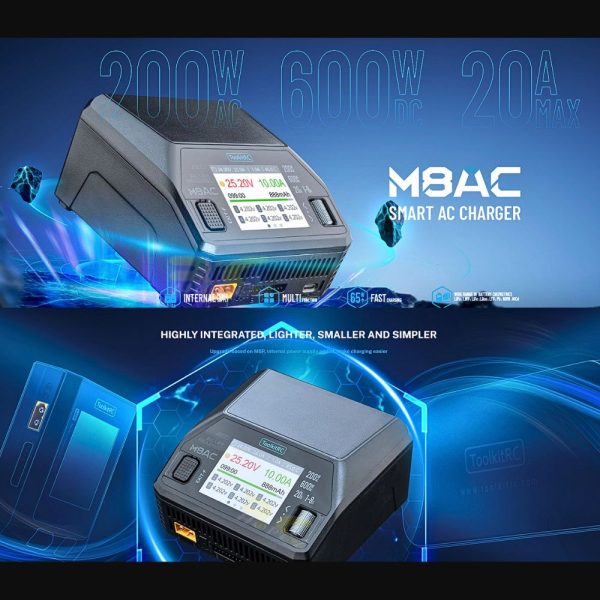 ToolkitRC M8AC Smart Balance Charger 1-8S AC 200W DC 600W 20A   For Lipo LiHV LiFe NiMh LiIon Battery UK Plug TK-M8AC