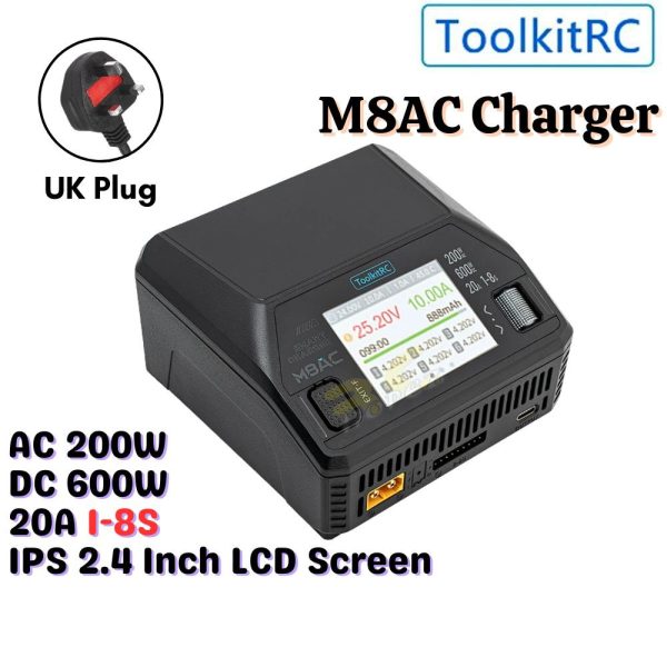 ToolkitRC M8AC Smart Balance Charger 1-8S AC 200W DC 600W 20A   For Lipo LiHV LiFe NiMh LiIon Battery UK Plug TK-M8AC