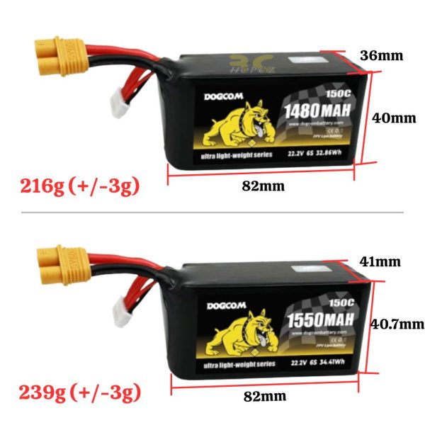 Dogcom 6S 1480mAh 1550mAh 150C 22.2V Ultra Light-Weight Series LiPo Battery With XT60 Plug DCM-Ultra