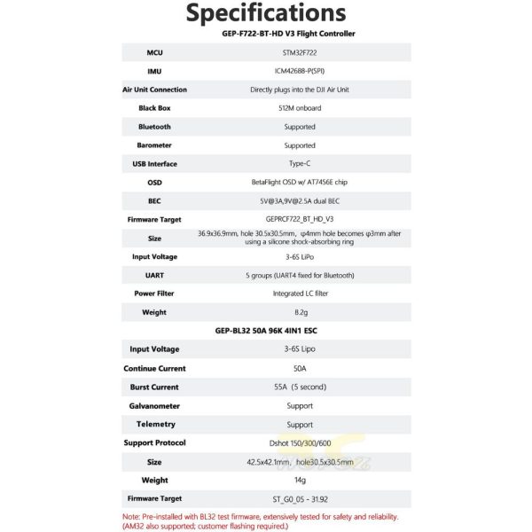 988e51ed58f54cce2847f37a715f7f22.jpeg GEPRC TAKER F722 BT-HD V3 STACK BL32 50A 96K 4IN1 ESC 3-6S 30.5×30.5mm for MARK5 DJI O4 Pro HD FPV Drone GEP7542