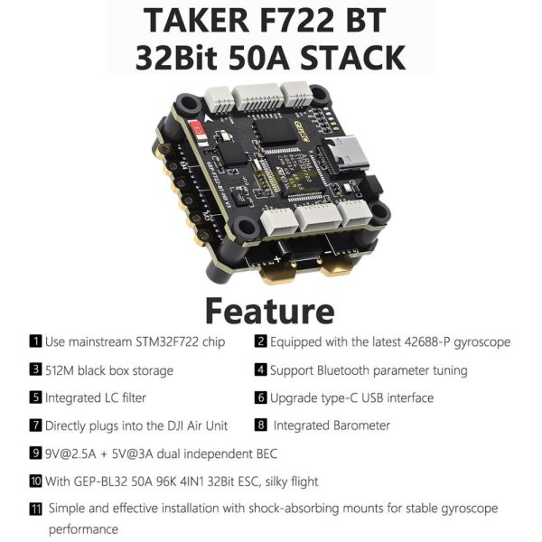 d77d4b6570e83439bdb8e5a667278051.jpeg GEPRC TAKER F722 BT-HD V3 STACK BL32 50A 96K 4IN1 ESC 3-6S 30.5×30.5mm for MARK5 DJI O4 Pro HD FPV Drone GEP7542
