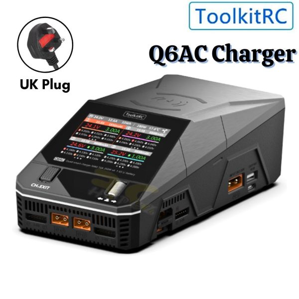 ToolkitRC Q6AC AC 400W DC 1000W 15A*4 Battery Charger Support Wireless Charging 1-6S 4CH Output XT60 XT30 UKPlug TK-Q6AC