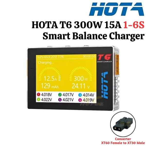 591ccc2451d2400191eb950a5ec5fbe9.jpeg HOTA T6 DC 300W PD 90W 15A 1-6S Lipo Battery Charger With HOTA XT60 Female to XT30 Male Converter HOTA-T6