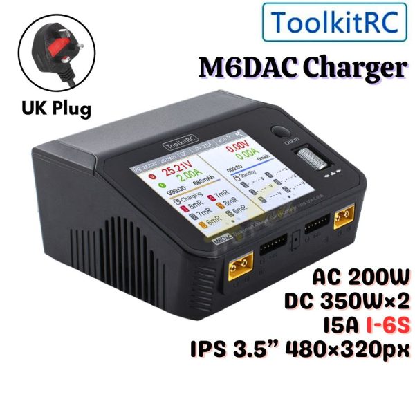 ToolkitRC M6DAC AC 200W DC 350WX2 15A 1-6S Dual Channel Charger for Lipo LiHV LiFe Lion NiMh Battery UK Plug TK-M6DAC