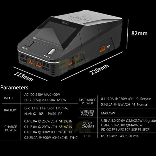 d45fb34d5477910dff27fa45061c27c9.jpeg ToolkitRC Q6AC AC 400W DC 1000W 15A*4 Battery Charger Support Wireless Charging 1-6S 4CH Output XT60 XT30 UKPlug TK-Q6AC