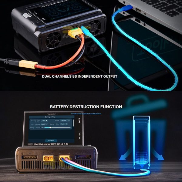 ToolkitRC M8D 1600W 50A Touchscreen Dual Ch Charger + ADP750 Power Supply Adapter 750W for 1-8S Lipo LiHV LiFe NiMh M8D
